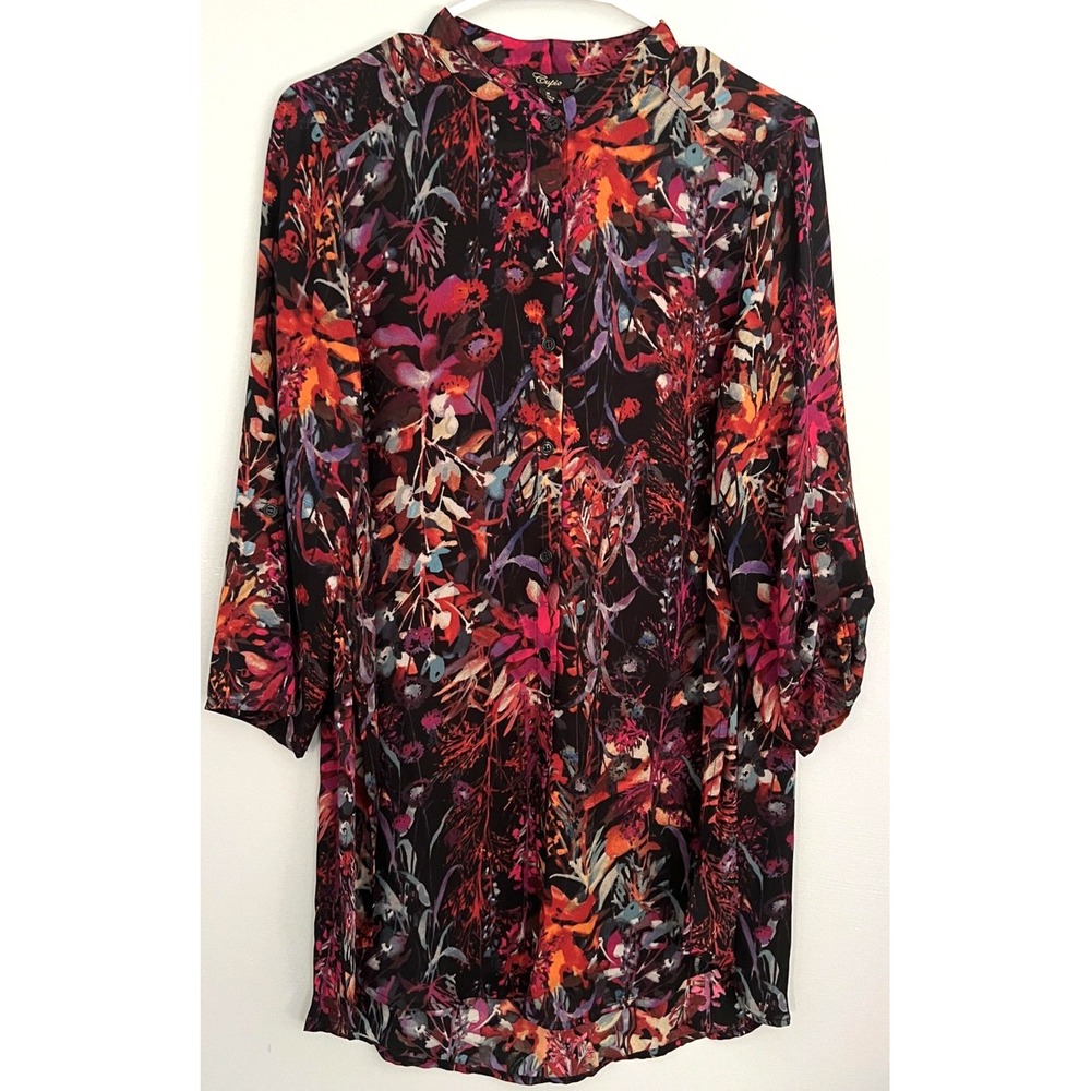 Cupio Blouse Womens M Black Floral Button Front 3/4 Sleeve Tunic Top V Neck NWT